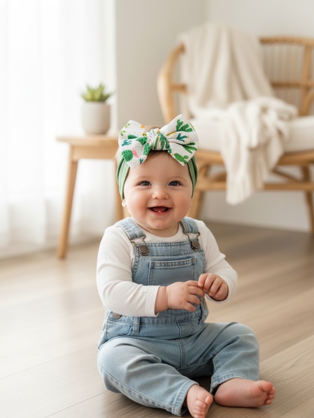 Baby & Toddler Oversized Cactus Bow Desert Blooms & Cacti Headband – Sage Green